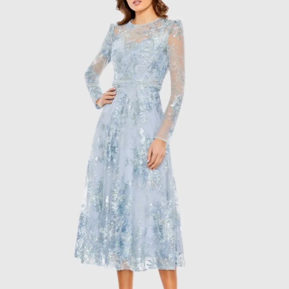 Blue Embellished Illusion Long Sleeve Midi Dress Plus Size